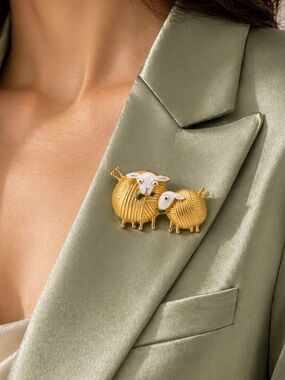 Cute Gold Sheep Duo Enamel Brooch